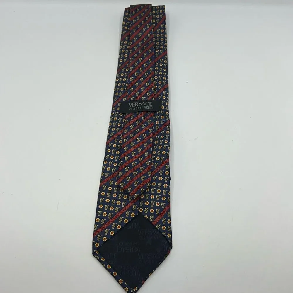 VERSACE CLASSIC V2 Navy Blue and Yellow Floral Pattern Silk Necktie